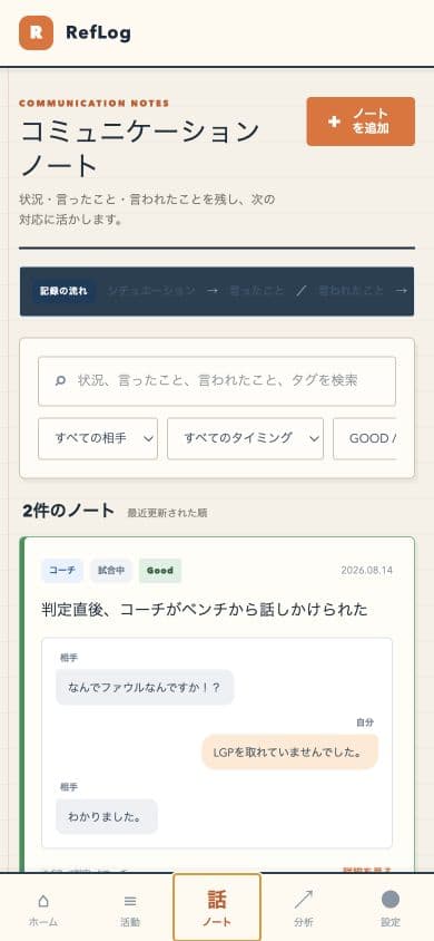 RefLogのコミュニケーションノート画面